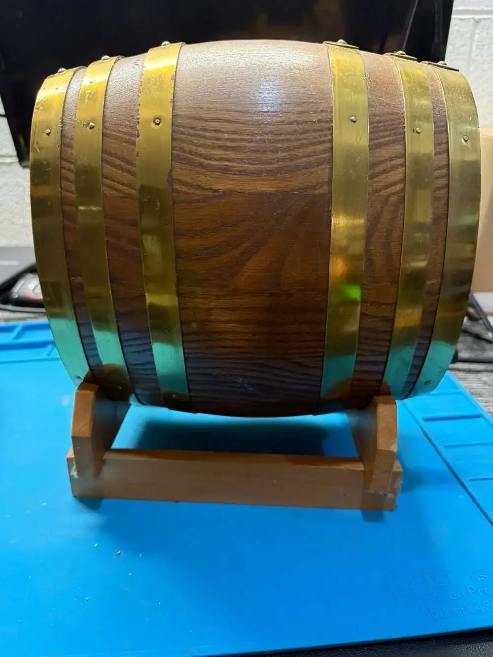 Vintage Small Oak Wood Wine Barrel Cask with Brass Hoops and Wooden Stand